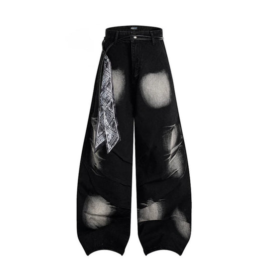Damen Extraweite Distressed-Jeans im Baggy‑Schnitt mit Batik‑Wash und Tuchgürtel Shop Nory