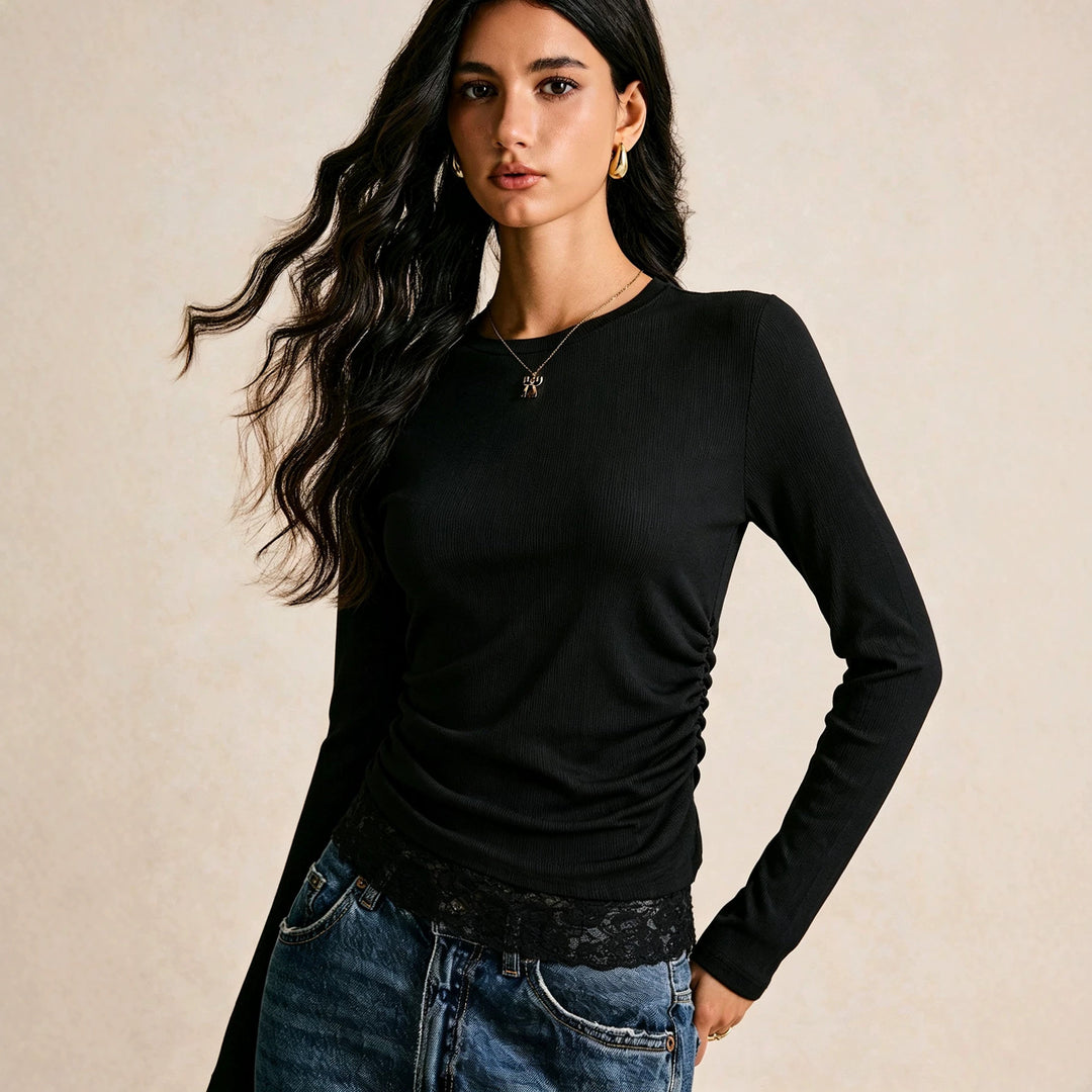 Damen figurbetontes geripptes Langarmshirt mit seitlicher Raffung und Spitzen-Saum Shop Nory
