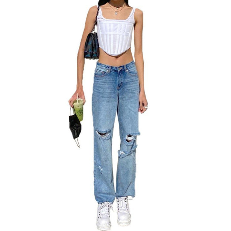 Damen lockere High-Waist Destroyed Jeans