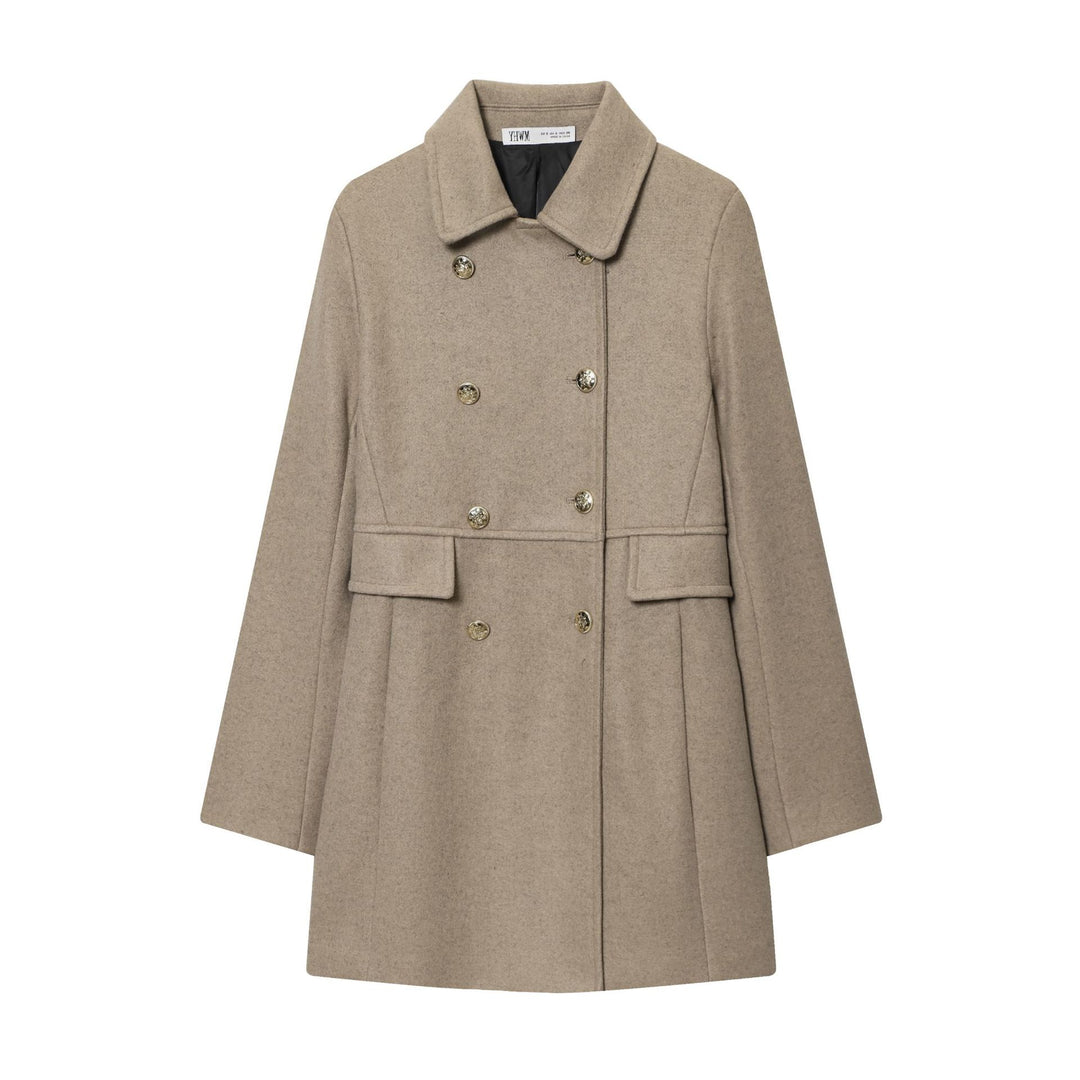 Damen Zweireihiger Wollmantel mit ausgestelltem Faltenrock und goldenen Zierknöpfen Shop Nory
