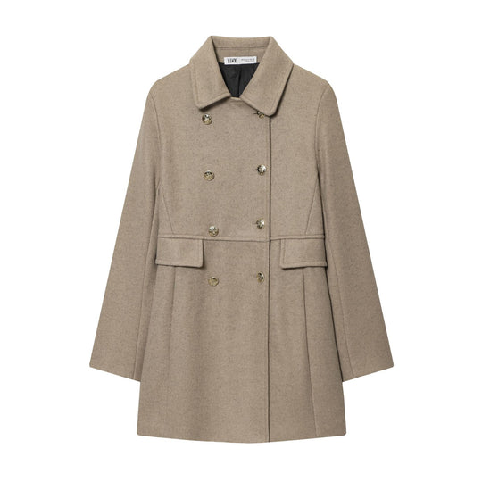 Damen Zweireihiger Wollmantel mit ausgestelltem Faltenrock und goldenen Zierknöpfen Shop Nory