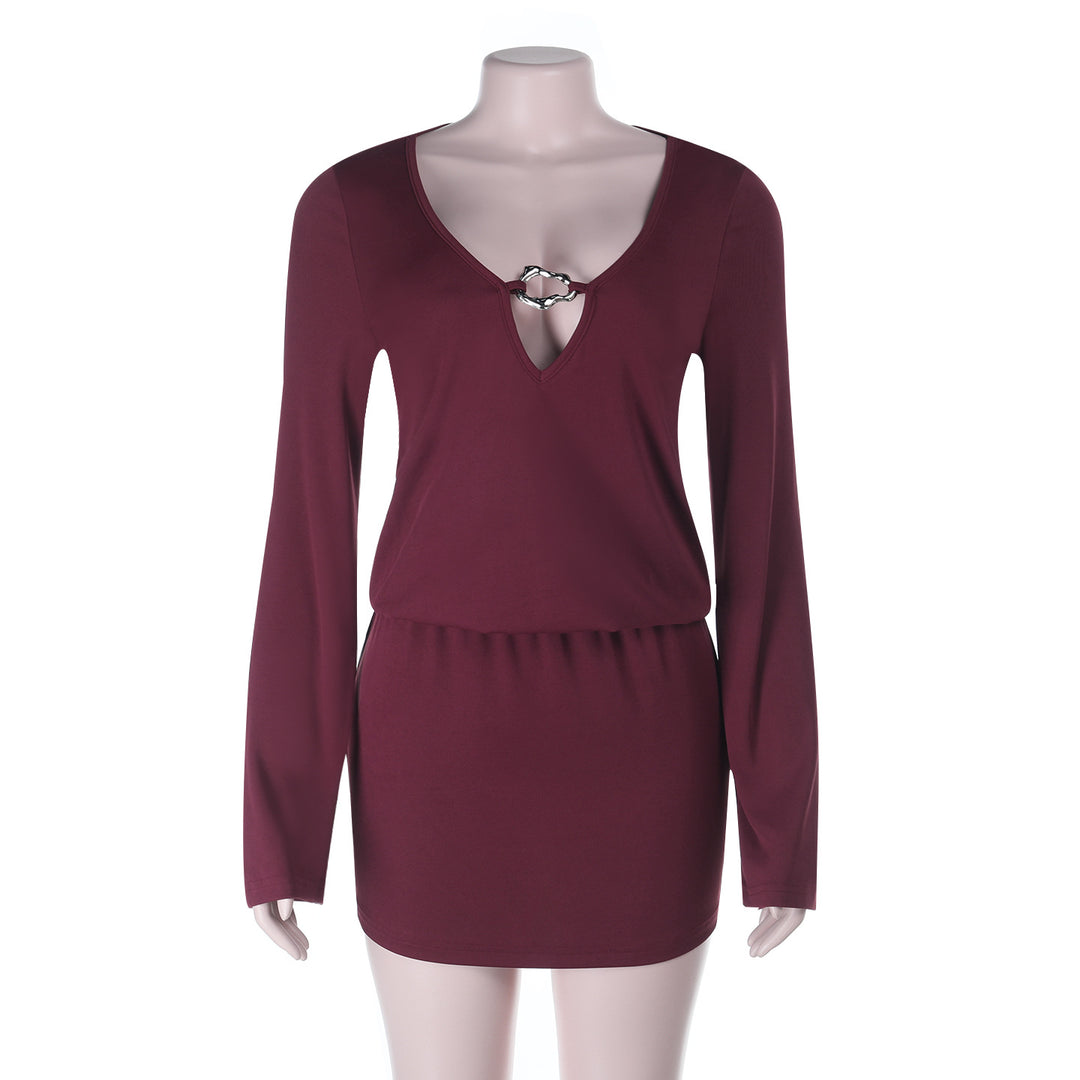 Damen Figurbetonte Longsleeve-Tunika mit tiefem V‑Ausschnitt und Zierring Shop Nory