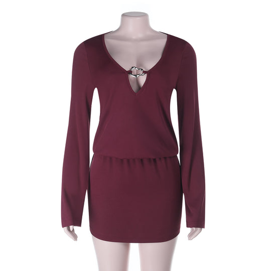 Damen Figurbetonte Longsleeve-Tunika mit tiefem V‑Ausschnitt und Zierring Shop Nory