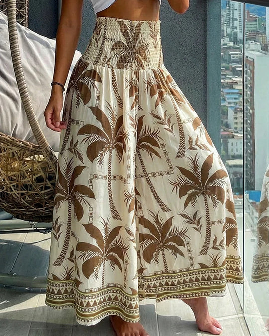 Damen Maxirock mit hoher Smok-Taille und luftigem Boho-Palmendruck Shop Nory