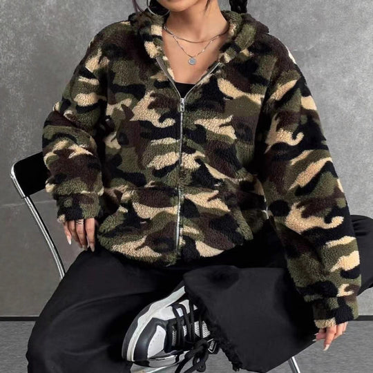 Damen Teddy-Fleece Kapuzenjacke im Camouflage-Look Shop Nory