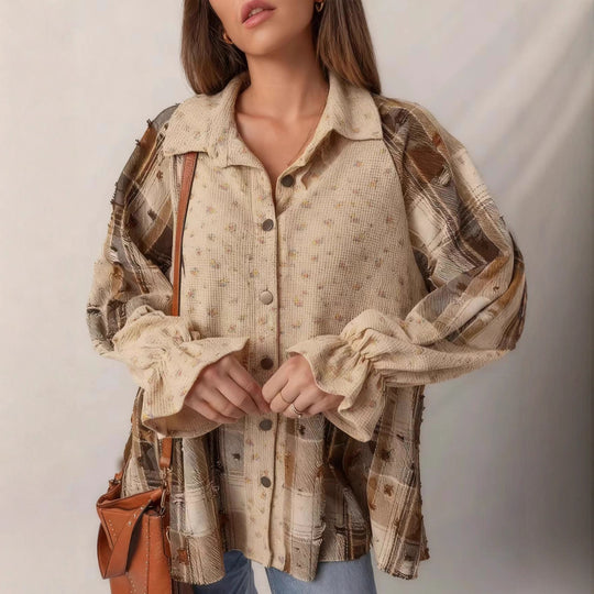 Damen Patchwork-Bluse-Jacke mit plissiertem Saum und Knopfleiste Shop Nory
