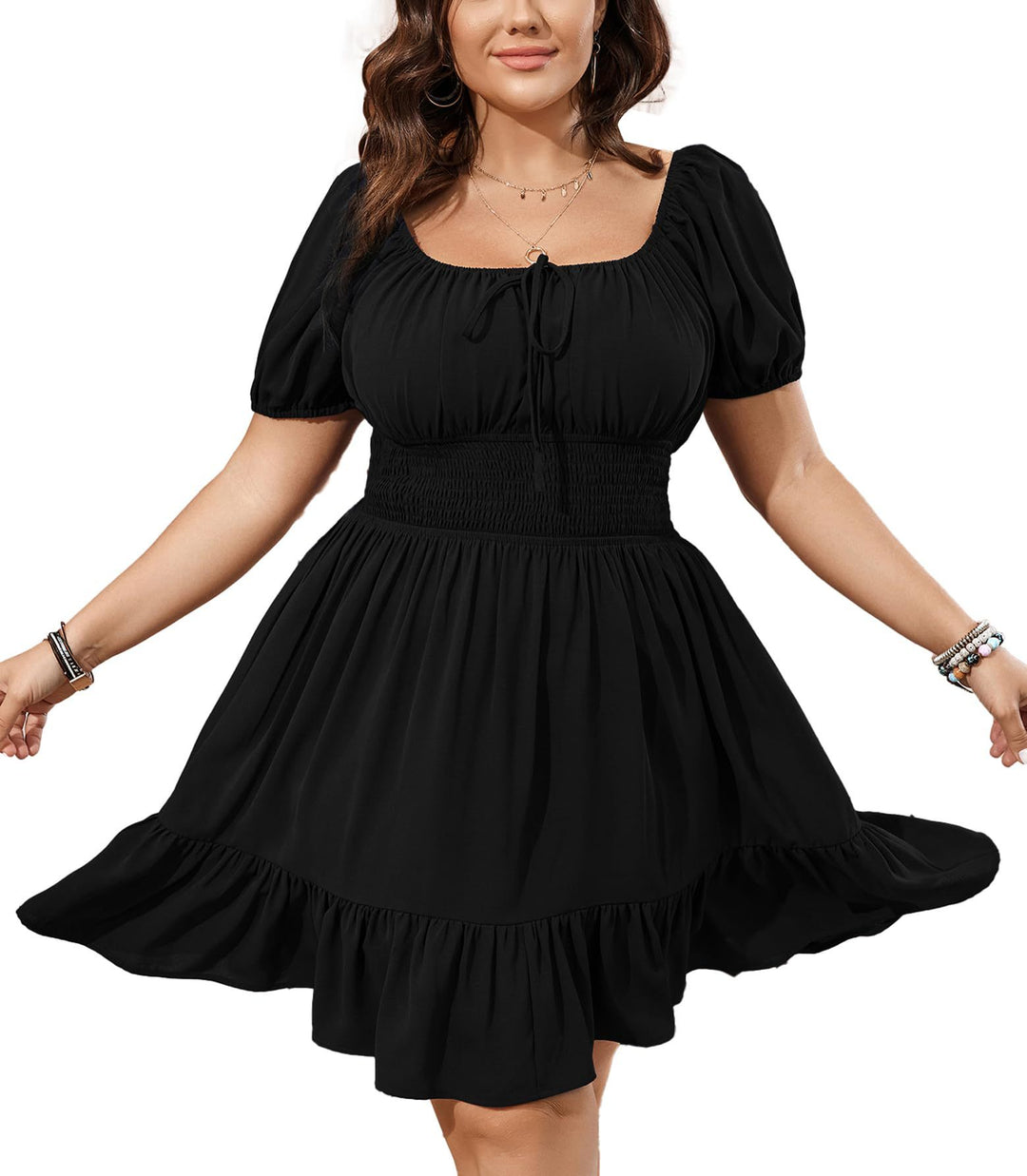 Damen Midikleid mit Smok-Taillenband und Puffärmeln Shop Nory