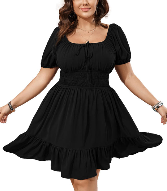 Damen Midikleid mit Smok-Taillenband und Puffärmeln Shop Nory