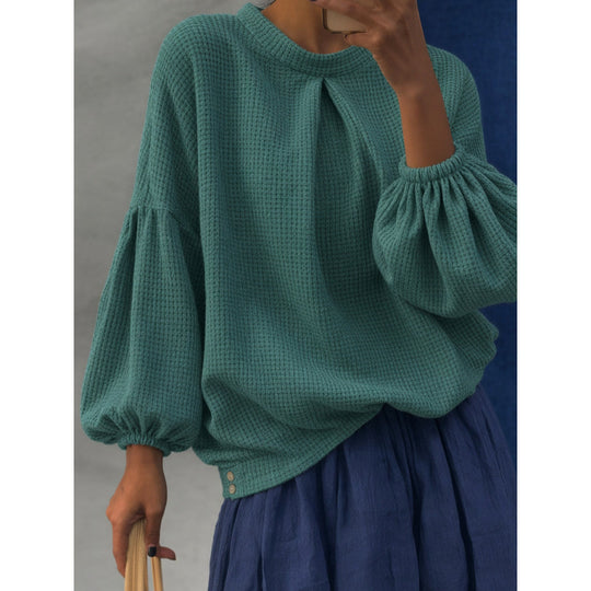 Damen Oversize Waffelstrickpullover mit Ballonärmeln und Kellerfalte Shop Nory