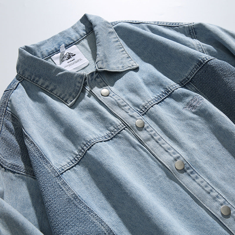 Unisex Oversize-Jeansjacke mit kontrastreichen Webpaneelen und Druckknopfverschluss Shop Nory