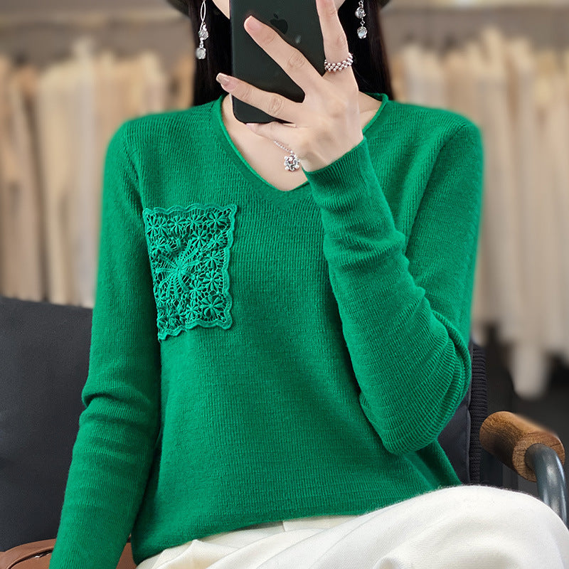 Damen Kaschmir‑Optik V‑Ausschnittpullover mit floraler Häkelapplikation Shop Nory