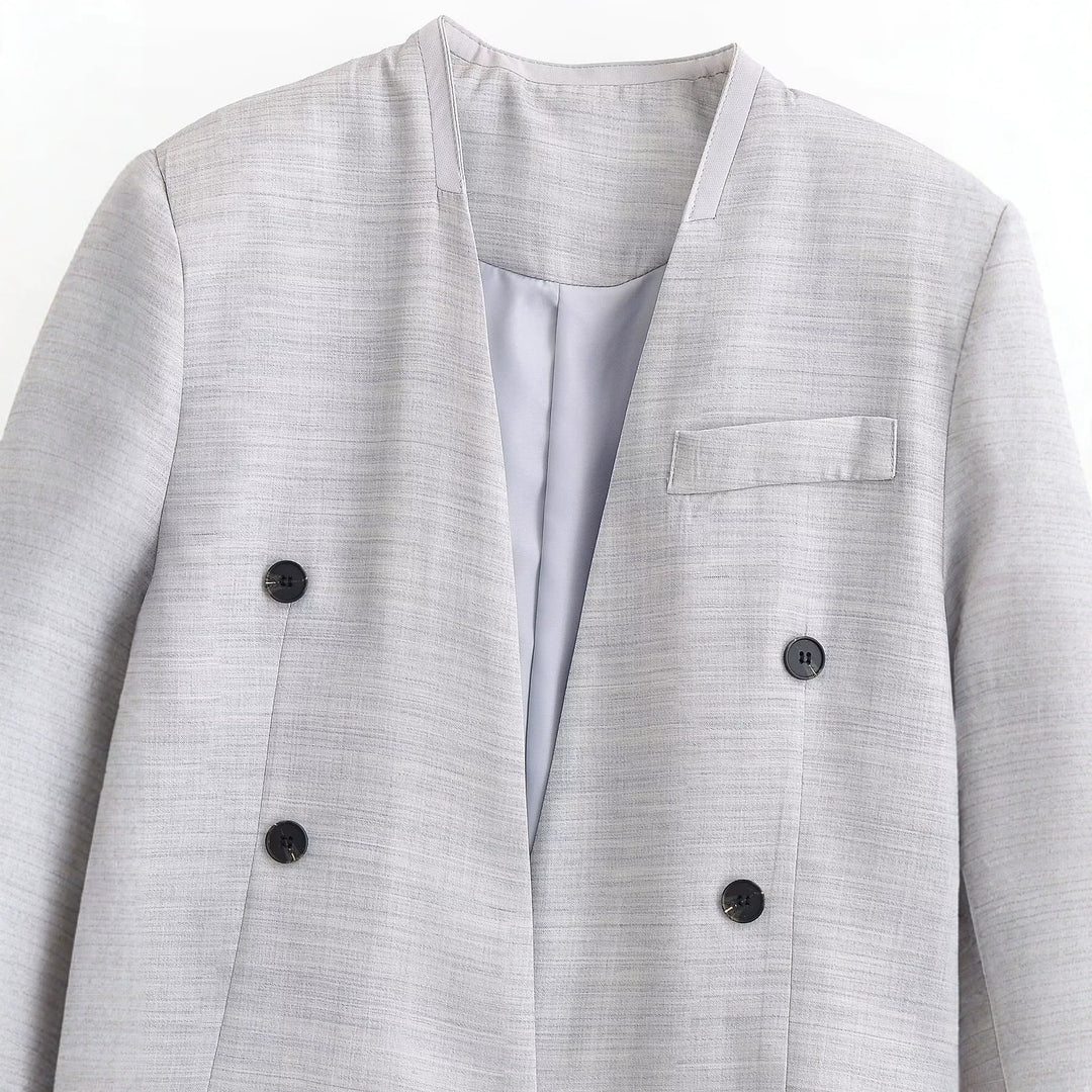 Damen Kurzgeschnittener kragenloser Blazer mit doppelreihiger Knopfleiste und Strukturgewebe Shop Nory