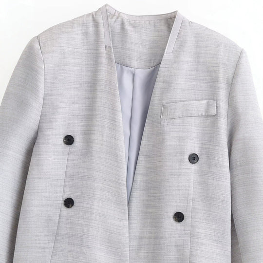 Damen Kurzgeschnittener kragenloser Blazer mit doppelreihiger Knopfleiste und Strukturgewebe Shop Nory