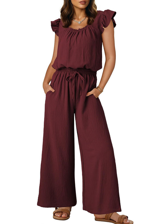 Damen Crinkle-Overall mit weitem Bein, elastischem Taillenbund und Rüschenärmeln Shop Nory
