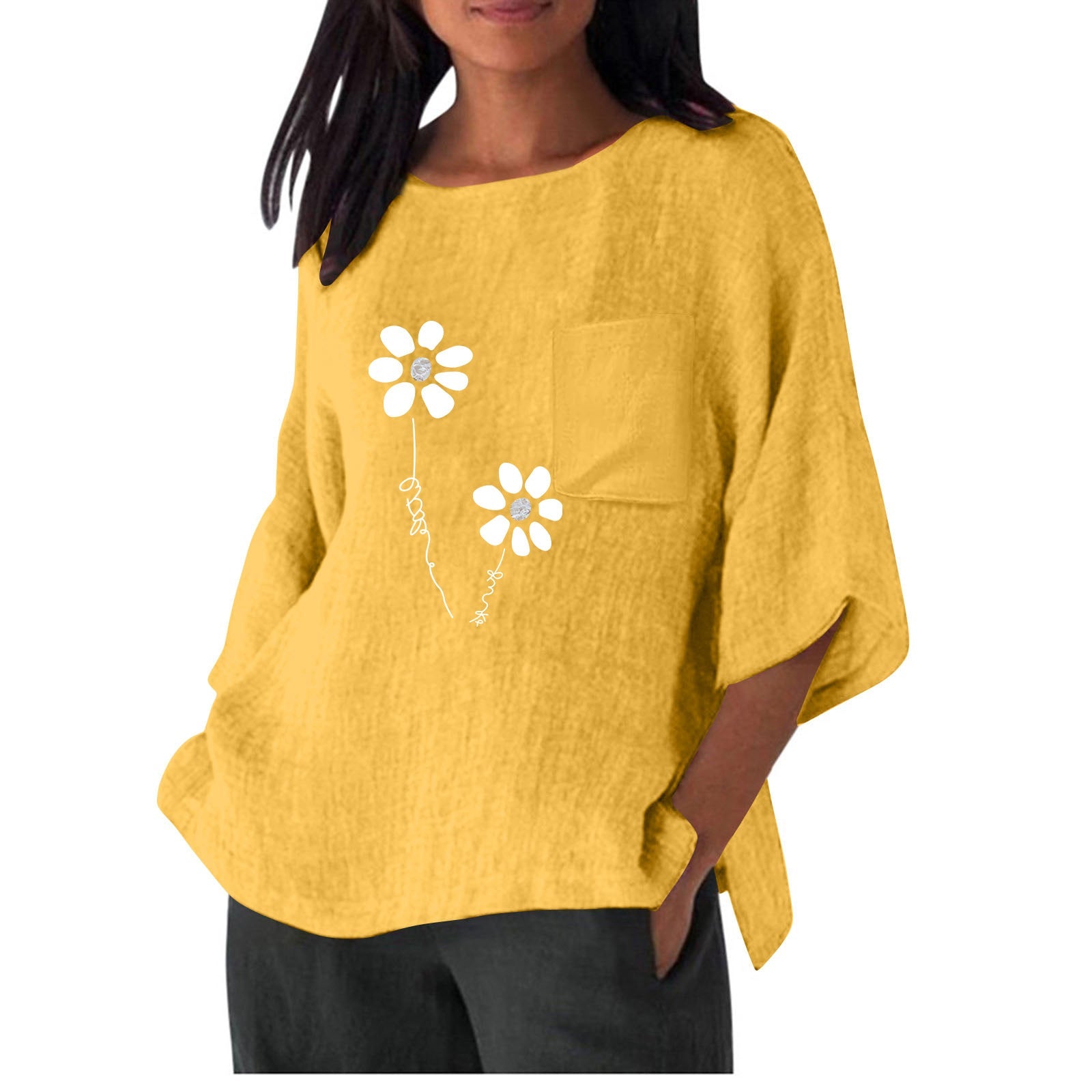Damen lässiges Blusenshirt mit einzigartigem Blumenprint und praktischem Brusttaschen Shopnory