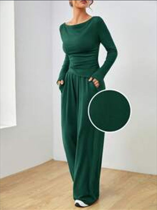 Damen Lässiges Two‑Piece Lounge‑Set mit U‑Boot‑Ausschnitt, taillierter Drapierung und weitem Palazzohose Shop Nory