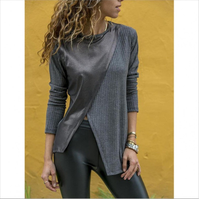 Damen Asymmetrisches Longsleeve mit Lederoptik‑Overlay und Rippstrick Shop Nory