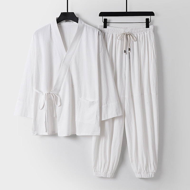 Unisex Entspanntes Kimono-Set mit Wickeljacke, dreiviertelärmeln und elastischer Kordelharemshose Shop Nory