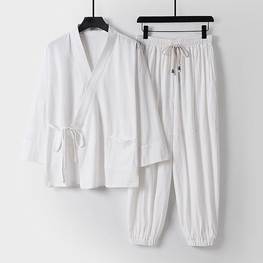 Unisex Entspanntes Kimono-Set mit Wickeljacke, dreiviertelärmeln und elastischer Kordelharemshose Shop Nory