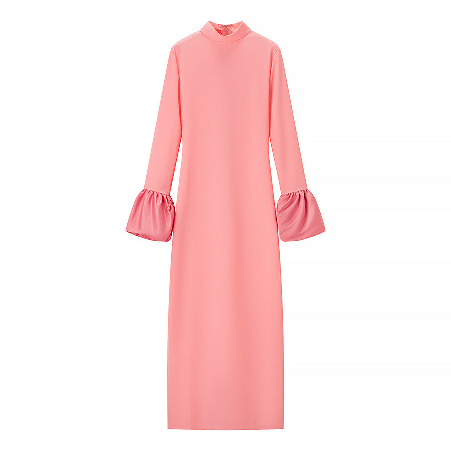 Damen Maxikleid mit Stehkragen und gerafften Volantärmeln Shop Nory