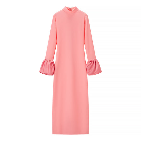 Damen Maxikleid mit Stehkragen und gerafften Volantärmeln Shop Nory