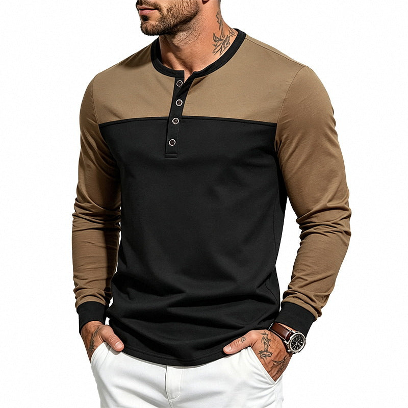 Herren Slim-Fit Henley-Langarmshirt mit Kontrastpaneel und Metallknopfleiste Shop Nory