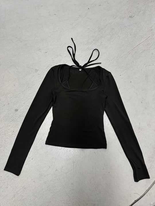 Damen nan figurbetontes Langarm-Top mit Neckholder-Bindung und eckigem Ausschnitt Shop Nory