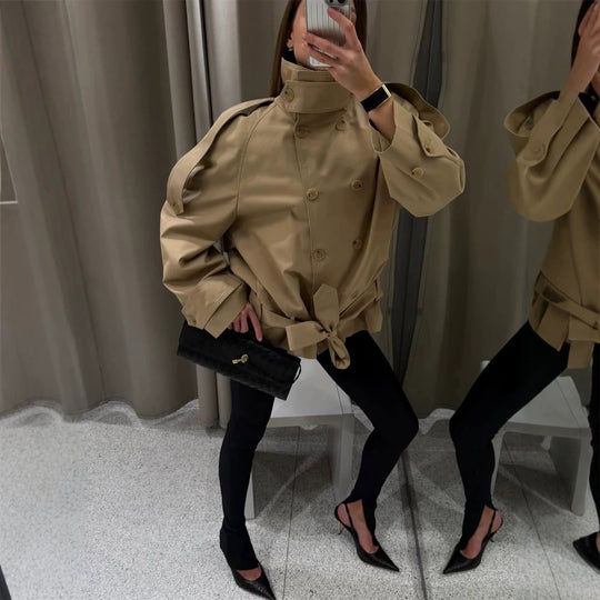 Damen Kurz-Trench mit hohem Stehkragen, doppelreihiger Knopfleiste & Taillengürtel Shop Nory