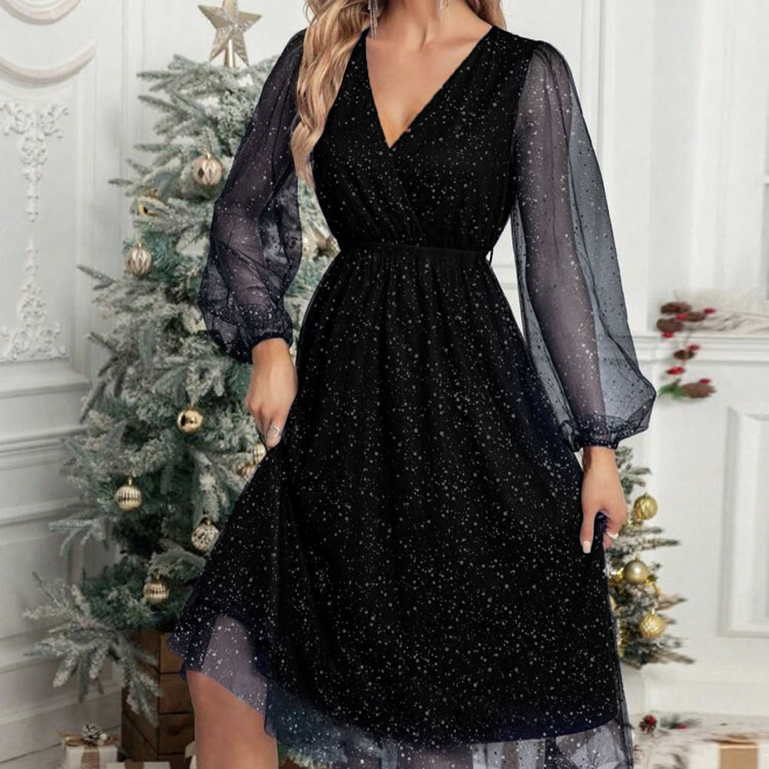 Damen Festliches Midikleid aus Glitzer‑Chiffon mit V‑Ausschnitt, tailliertem Gummibund und Ballonärmeln Shop Nory