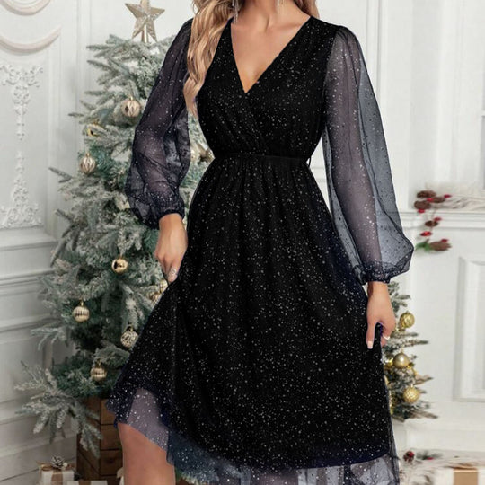 Damen Festliches Midikleid aus Glitzer‑Chiffon mit V‑Ausschnitt, tailliertem Gummibund und Ballonärmeln Shop Nory