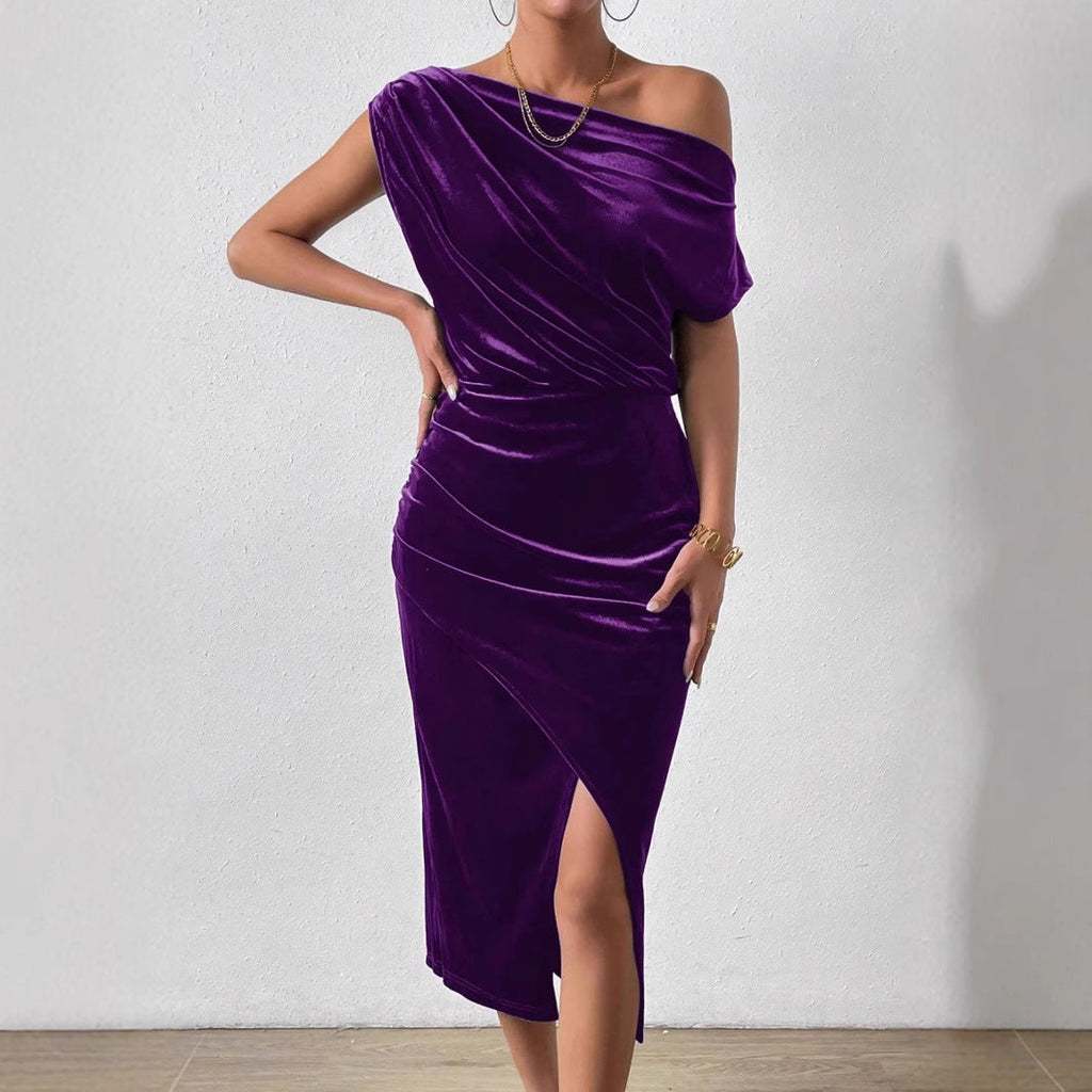 Damen Elegantes Schulterfreies Midikleid im Fließenden Design