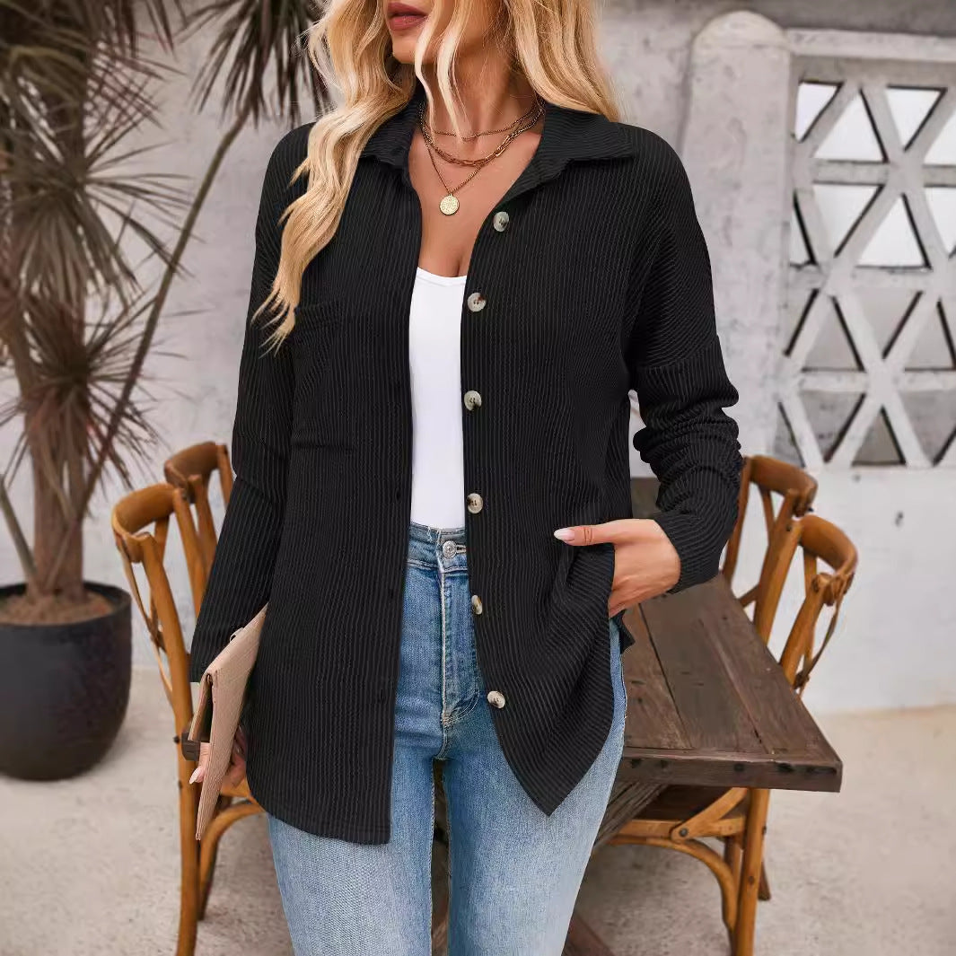 Damen Gerippte Oversize-Hemdjacke mit durchgehender Knopfleiste und Hemdkragen Shop Nory