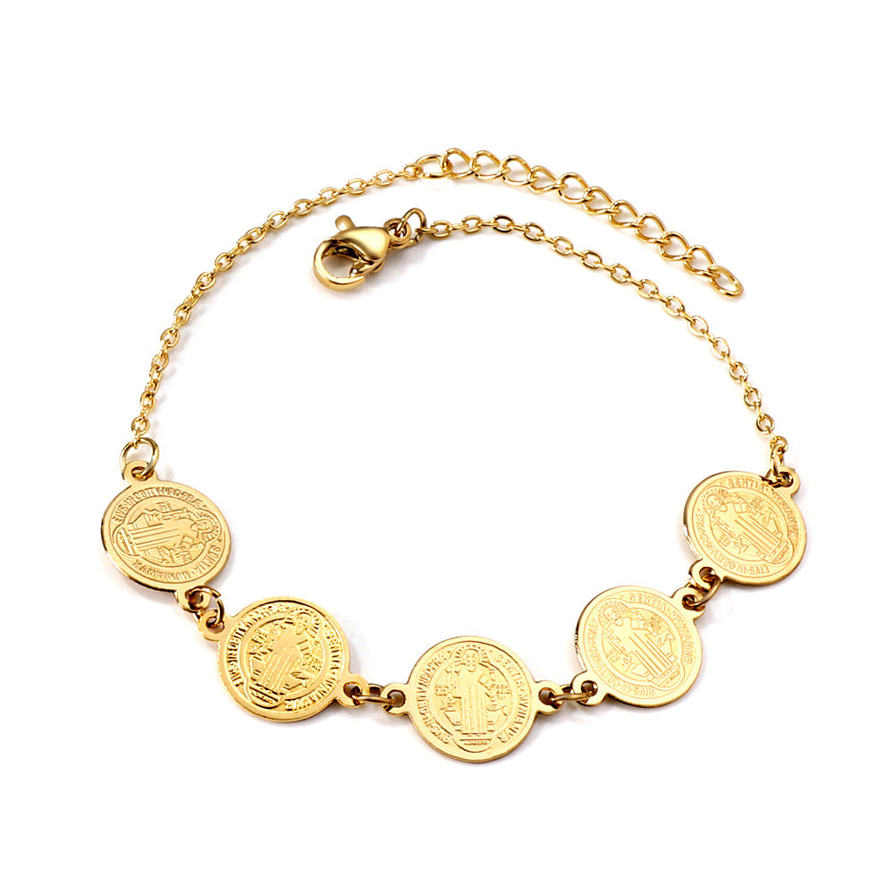 Damen Armband aus goldplattiertem Edelstahl mit Münz- und Perlenverzierungen Shop Nory