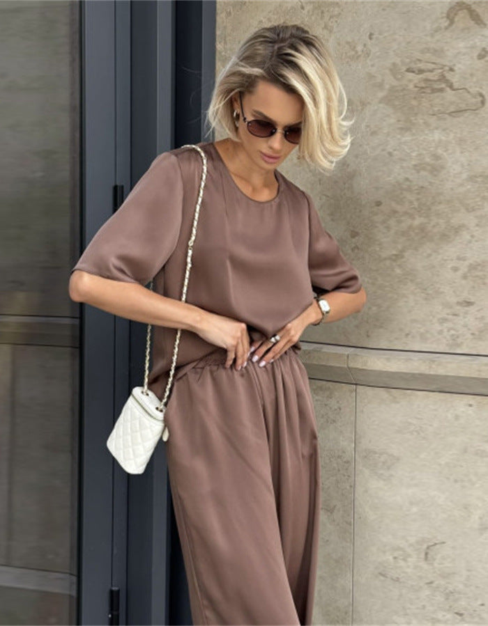Damen elegantes und fließendes Zweiteiler-Set mit lockerem Oberteil und weiten Hosen Shopnory