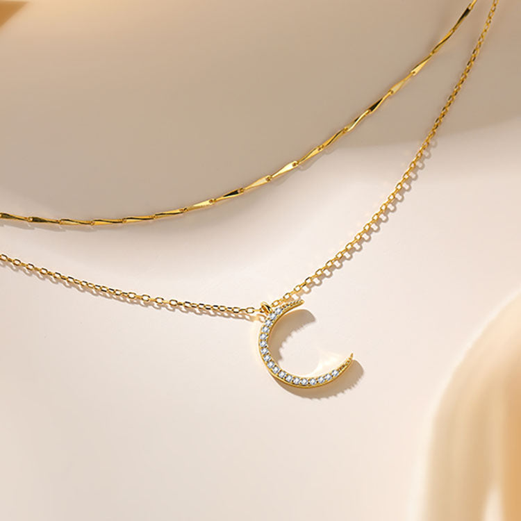 Damen elegante Halskette mit Doppelstrang und Mondanhänger Shop Nory