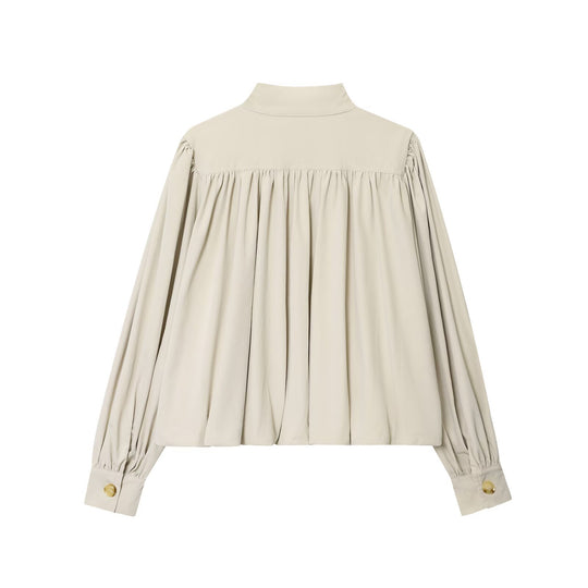 Damen Voluminöse Cropped-Bluse mit Stehkragen, Raffungen und elastischem Saum Shop Nory
