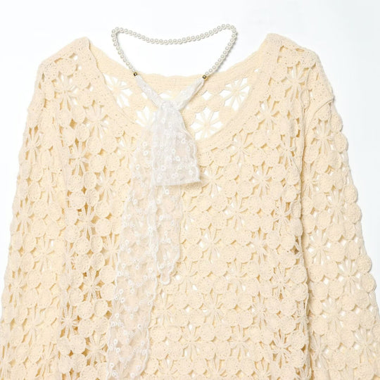 Damen gehäkelter Floralpullover mit Rundhalsausschnitt und Ajourmuster Shop Nory
