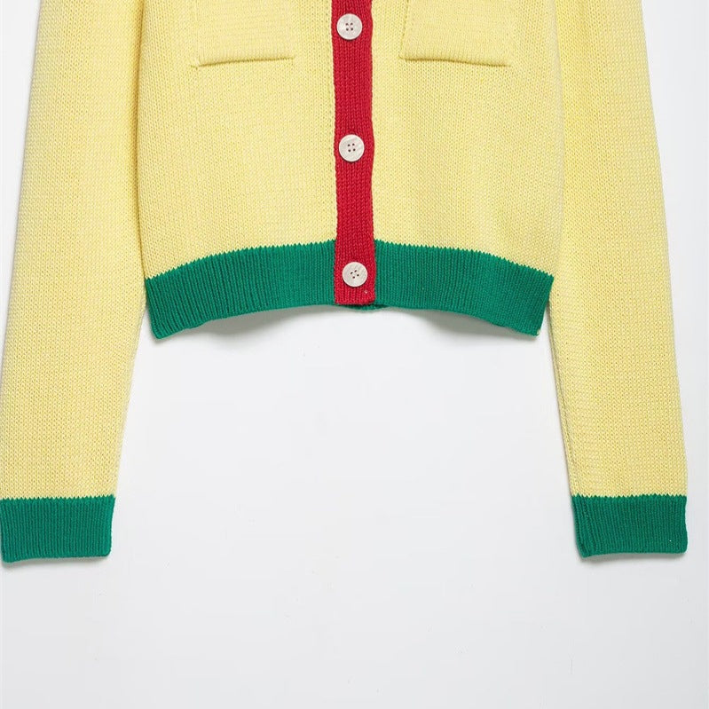 Damen Kurzer Grobstrick-Cardigan mit Kontrastblenden und Zierklappentaschen Shop Nory