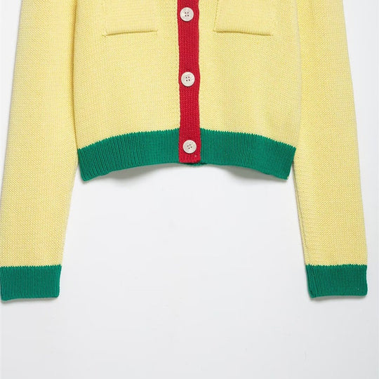Damen Kurzer Grobstrick-Cardigan mit Kontrastblenden und Zierklappentaschen Shop Nory