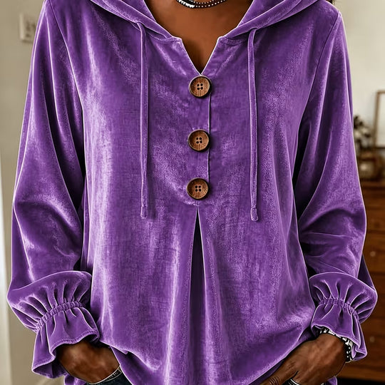Damen Samt-Hoodie mit Holzknopfblende, Tunnelzug und gerafften Ärmeln Shop Nory