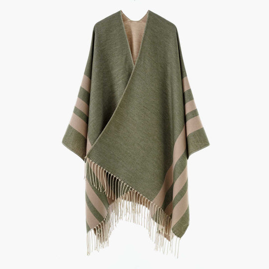 Damen Großer Wollmix Fransenponcho mit diagonalen Kontraststreifen Shop Nory