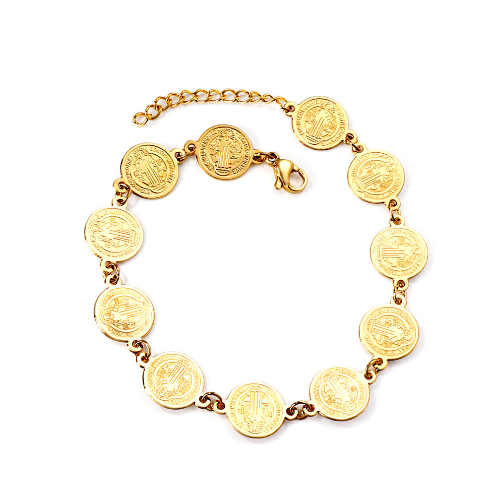 Damen Armband aus goldplattiertem Edelstahl mit Münz- und Perlenverzierungen Shop Nory