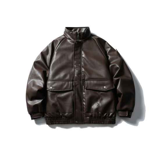 Herren Gepolsterte Kunstleder-Bomberjacke mit hohem Stehkragen und Pattentaschen Shop Nory