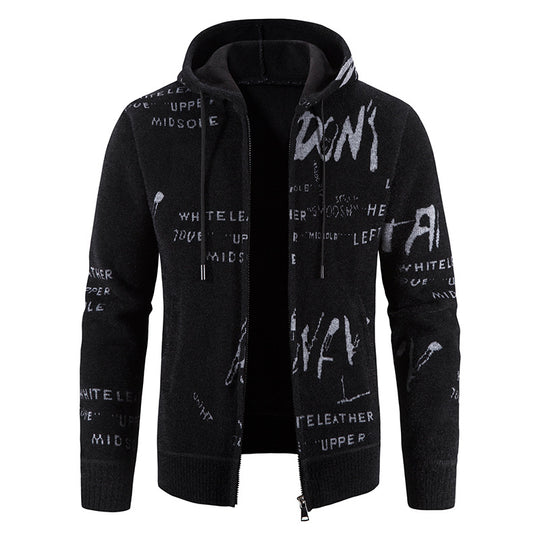 Herren Strick-Kapuzenjacke mit durchgehendem Reißverschluss, grafischem Allover-Print und Eingrifftaschen Shop Nory