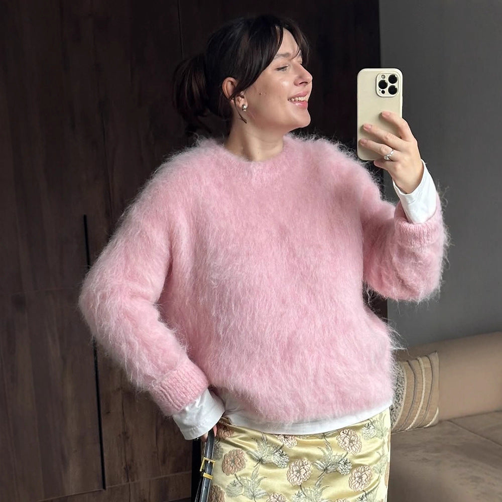 Damen Oversized Mohairpullover mit flauschiger Textur und Rundhalsausschnitt Shop Nory