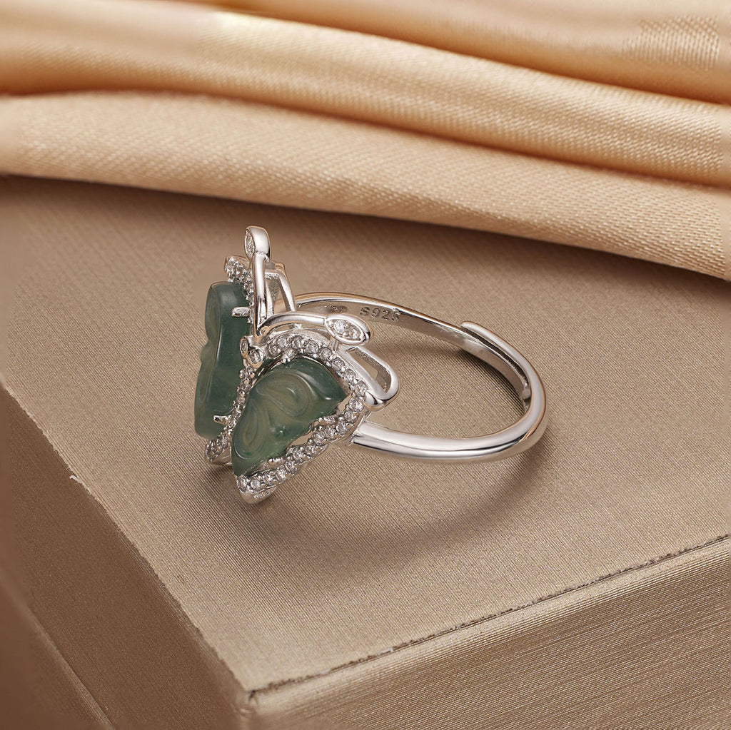 Damen Ring mit kunstvollem Schmetterlingsdesign und hochwertigen grünem Jade Shop Nory