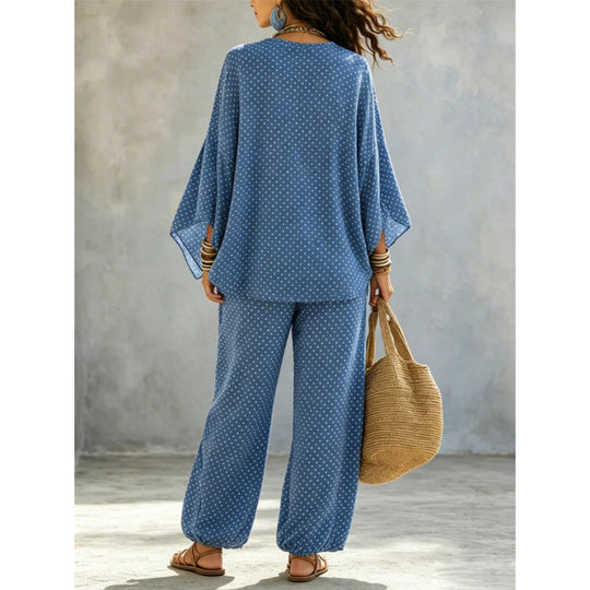 Damen Boho-Lounge-Set mit weitem V-Ausschnitt, Fledermausärmeln und elastischer Bund-Palazzohose Shop Nory