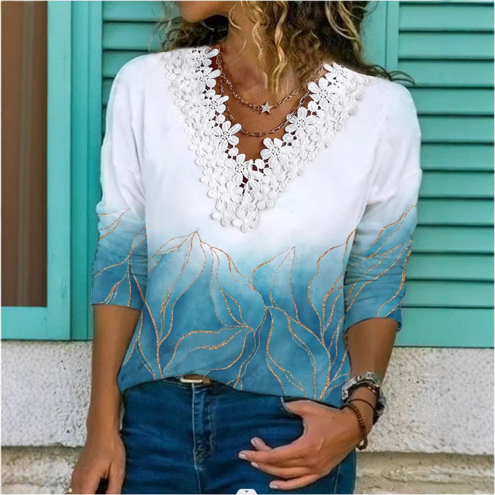 Damenbluse mit V-Ausschnitt und Spitzenbesatz, 3/4-Ärmel, Blumenmuster und lockerer Schnitt Shop Nory