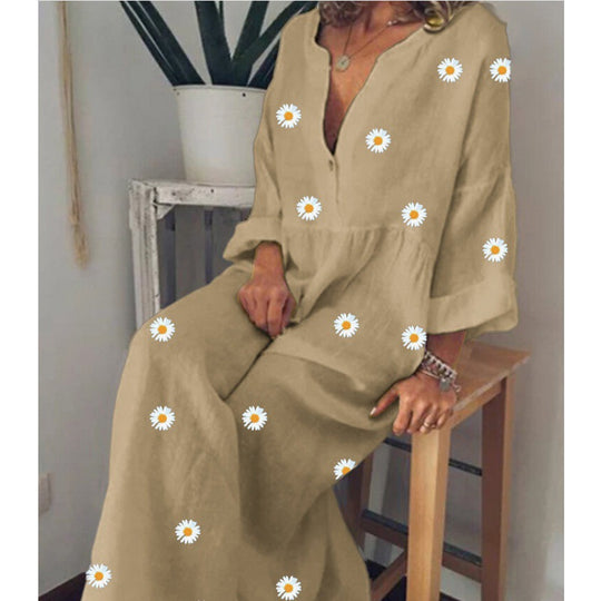 Damen Langes Leinenoptik Maxikleid mit tiefem V‑Ausschnitt, lockerer Empire‑Taillierung und Margeritenprint Shop Nory