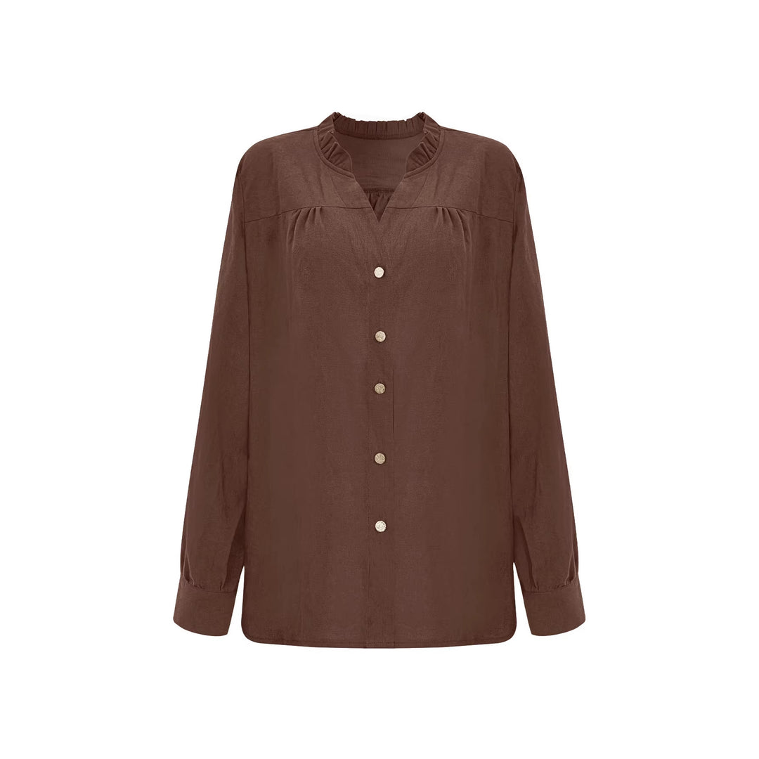 Damen Lockeres Blusenshirt mit V-Ausschnitt, Rüschensaum und goldenen Zierknöpfen Shop Nory